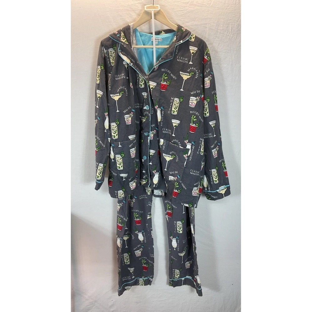PJ Salvage Women's XL Flannel Pajamas Cocktails Margarita‎ Gray EUC